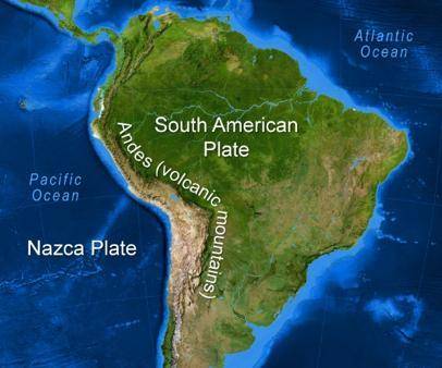 Which events most likely occurred at the boundary between the South American Plate and the Nazca Pl