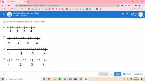 Which number line shows 1 to 4 divided into sixths?