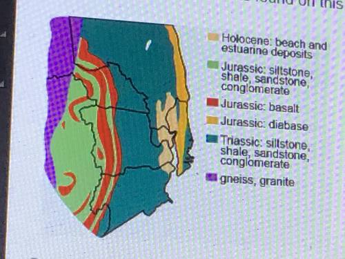 Where are the youngest rocks found on this geological map?

A. The red area
B. The light peach are