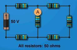 On the circuit below, what is the current measured by the ammeter? Each resistor is 50 ohms, and th