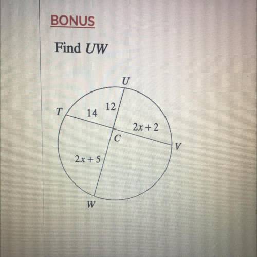 BONUS
Find UW
U
12
T
14
2x + 2
С
V
2x + 5
W