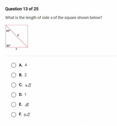 What is the length of side s of the square shown below?