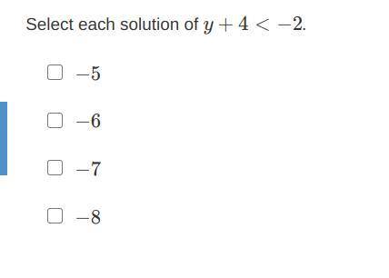 Select each solution of y+4<−2