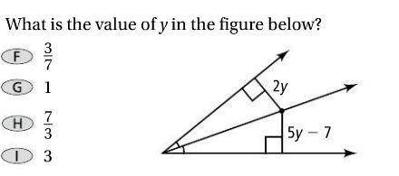 What is the value of y in the figure below?

select one:
f. 3/7 
g. 1 
h. 7/3 
i. 3