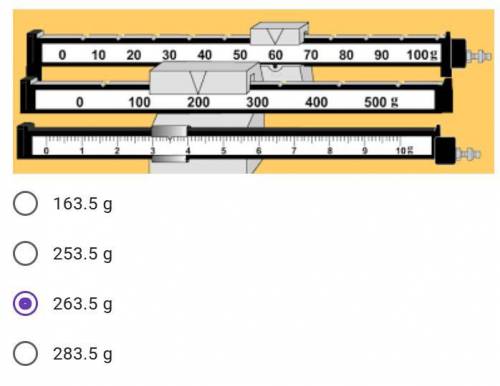 What is the total mass shown on the triple beam balance scale?

A.163.5 g
B.253.5 g
C.263.5 g
D.28