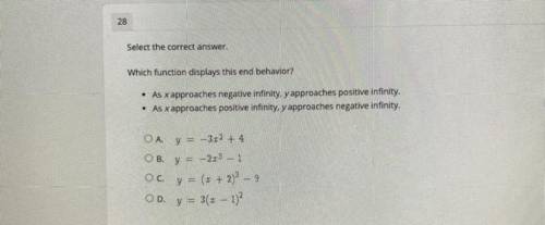 Which function displays this end behavior?

• As x approaches negative infinity, y approaches posi