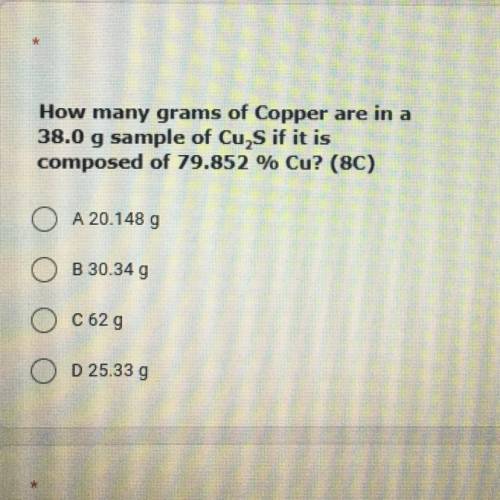 How many grams of copper are in a 38.0 g sample of Cu2S if it is composed of 79.852% Cu