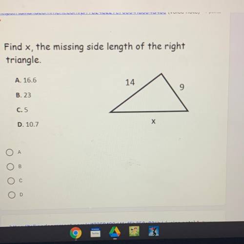 The attachment is there

Find x, the missing side length of the right
triangle.
A. 16.6
B. 23
C.5