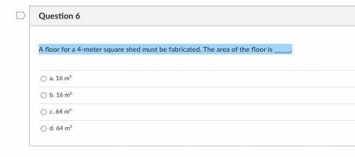 A floor for a 4-meter square shed must be fabricated. The area of the floor is _____.