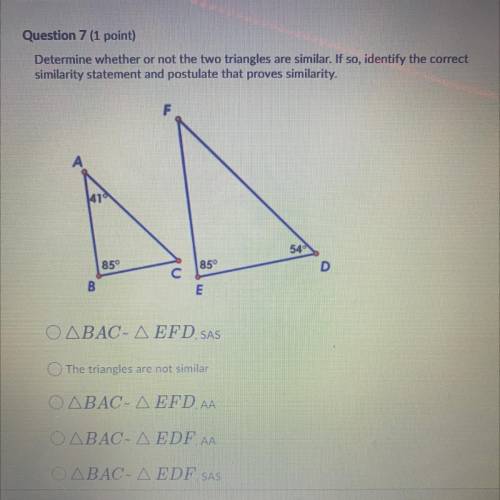 Determine whether or not the two triangles are similar. If so, identify the correct similarity stat