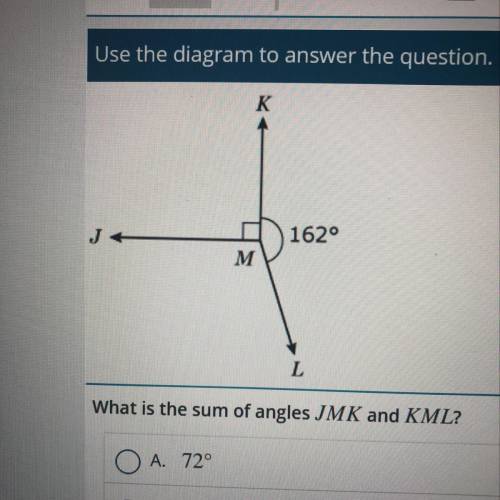 What is the sum of angles JMK and KML?
A. 72°
B. 90°
C. 162°
D. 252°
E. 342°