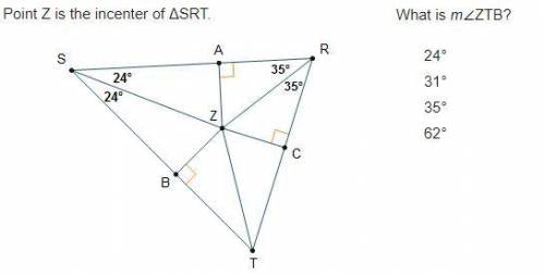 Point Z is the incenter of ΔSRT.

Point Z is the incenter of triangle S R T. Lines are drawn from