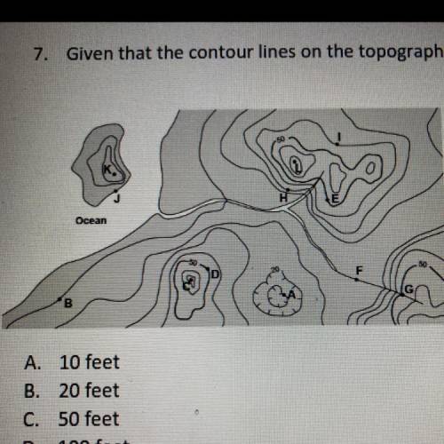 7. Given that the contour lines on the topographic map are in feet, what is the contour interval?