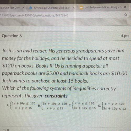 Josh is an avid reader. His generous grandparents gave him

money for the holidays, and he decided