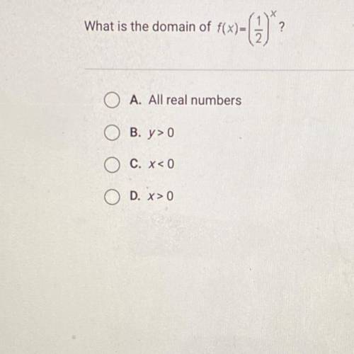 What is the domain of f(x)
O A. All real numbers
O B. y>0
OC. x<0
OD. x>0