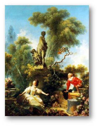 What is depicted in the image above?

Sample  The painting shows a secret encounter between