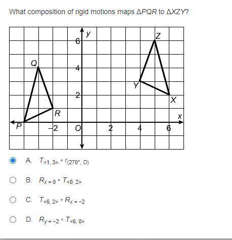 100PTS FAST NOW 
What composition of rigid motions maps ΔPQR to ΔXZY?