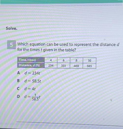 Which equation can be used to represent the distance D for the times t given in the table?