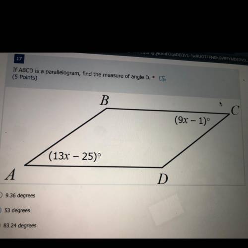 If ABCD is a parallelogram, find the measure of angle D.