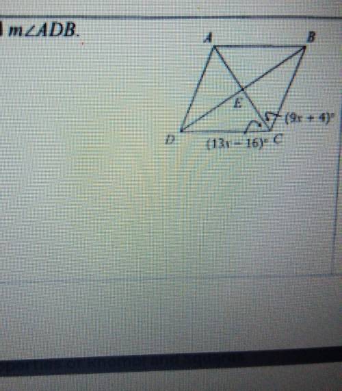 Find m<ADB of the rhombus