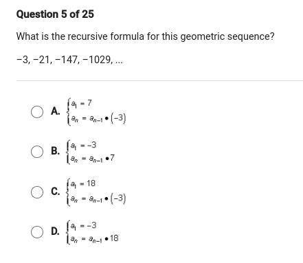 What is the recursive formula for this geometric sequence? -3, -21, -147, -1029, ...