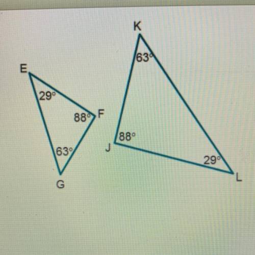 Which similarity statement expresses the relationship between the two triangles ?

- efg~jkl
- gef