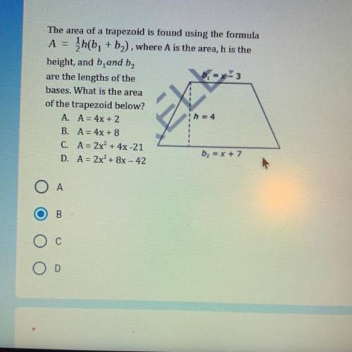 The area of a trapezoid is found using the formula

A = h(b, + b), where A is the area, h is the
h