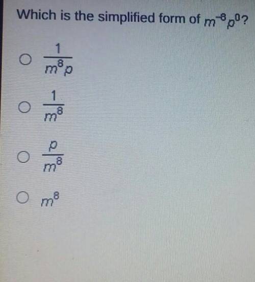 Which is the simplified form of m-6 p0? 1/m8p 1/m8 p/m8 m8