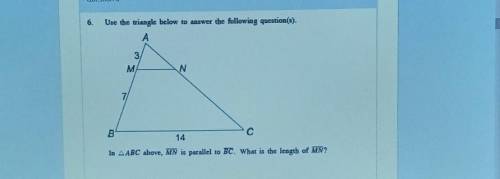 6. Use the triangle below to answer the following question(s). A 3 M M N 7 B C 14 In ABC above, MN