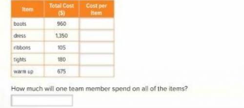 The table shows the total amount spent on each item in a dance team's order, There are 15 girts on