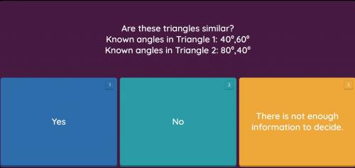 Are these triangles similar?

Known angles in Triangle 1: 40º, 60º
Known angles in triangle 2: 80º