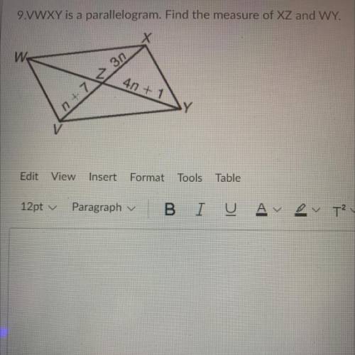 VWXY is a parallelogram. Find the measure of XY and WY