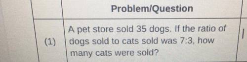 A pet store sold 35 dogs. If the ratio of

dogs sold to cats sold was 7:3, how
many cats were sold