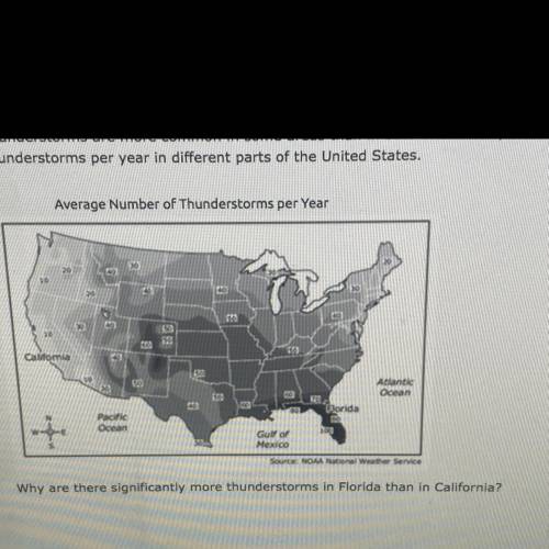 27.Thunderstorms are more common in some areas than in others. The map shows the average numnber of