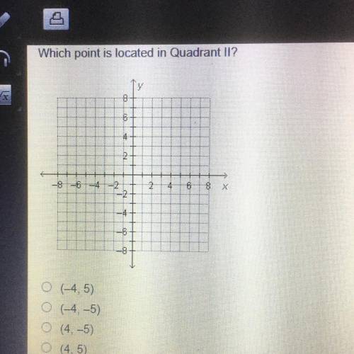 Which point is located in Quadrant I1?
O (4,5)
O (4,-5)
O (4, -5)
O (4, 5)