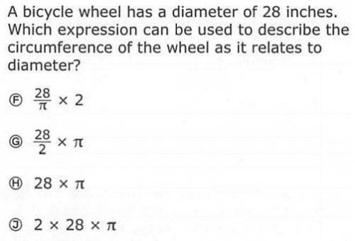 A bicycle wheel has a diameter of 28 inches. Which expression can be used to describe the circumfer