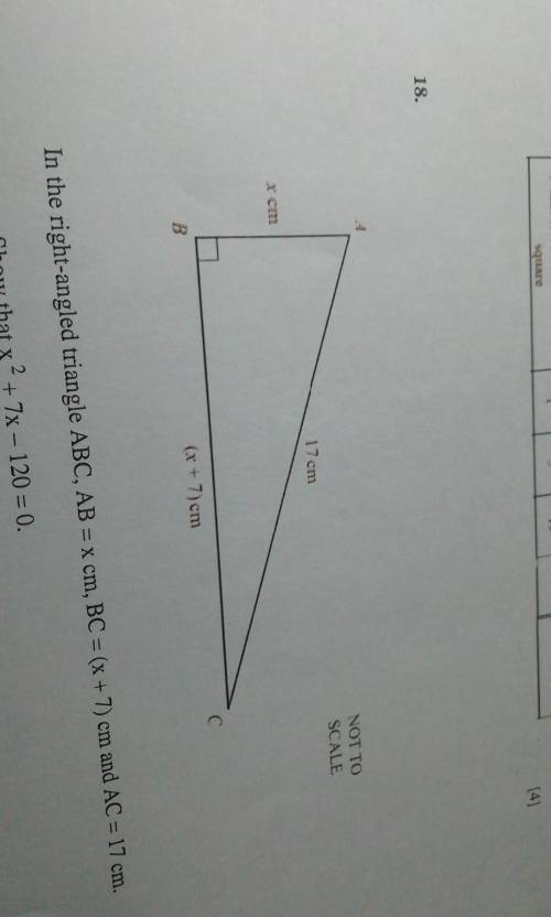 In right angled triangle abc ab=x cm bc=(x+7) and ac=17cm