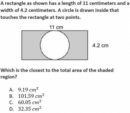 A rectangle as shown has a length 11 centimeters and a width of 4.2 centimeters. A circle is drawn