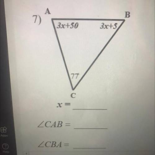 Find x, CAB, and CBA