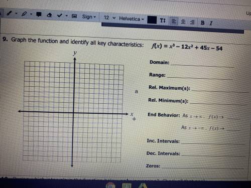 Graph the function and identify all key characteristics f(x)=x^3-12x^2+45x-54