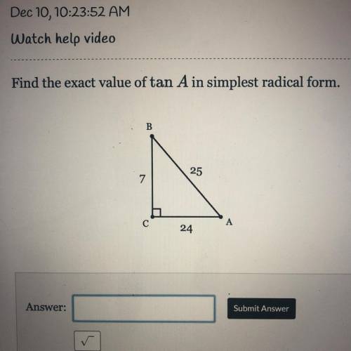 What is the exact value of tan A in simplest radical form?