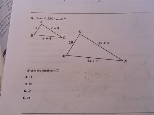 Given triangle ABC ~ to triangle LMN what is the length of AC