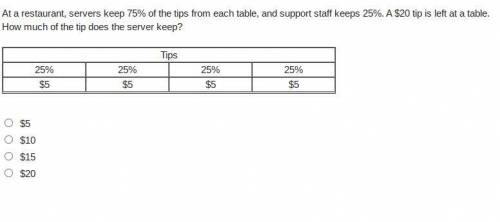 At a restaurant, servers keep 75% of the tips from each table, and support staff keeps 25%. A $20 t