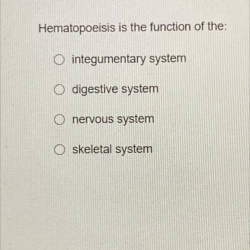 Please help

Hematopoeisis is the function of the:
O integumentary system
O digestive system
O ner