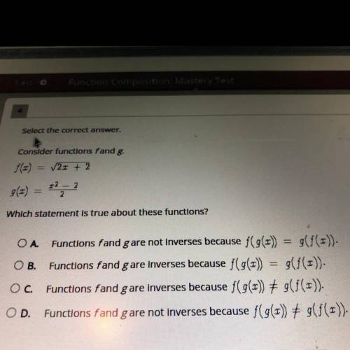 Select the correct answer.

Consider functions f and g.
Which statement is true about these functi