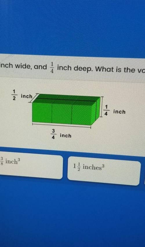 This box is 3/4 inch long, 1/2inch wide, and 1/4 inch deep. what is the volume of the box?