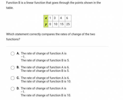 PLEASE HELP!!!
which statement correctly compares the rates of change of the two functions?