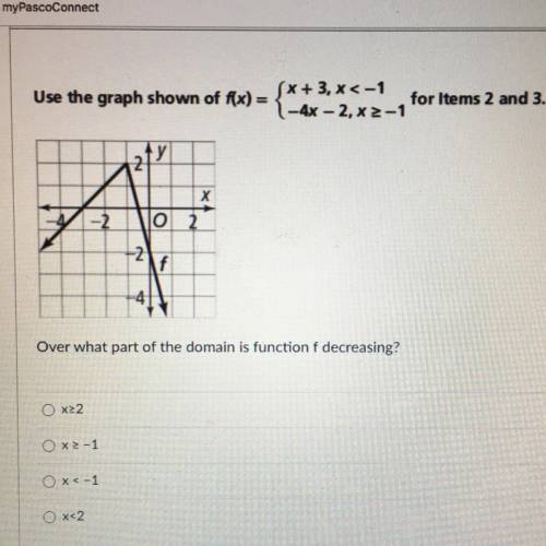 HELP ASAP !! Use the graph shown of f(x) =

x + 3, x < -1
for Items 2 and 3.
|-4x - 2. x 2 -1
a