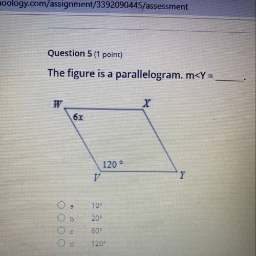 Question 5 (1 point)

The figure is a parallelogram. m
TV
X
6x
120
V
Y
O
100
20
60
120-