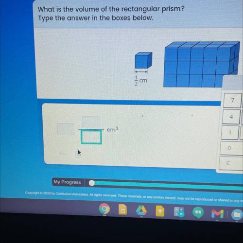 What is the volume of the rectangular prism?
Type the answer in the boxes below.
cm